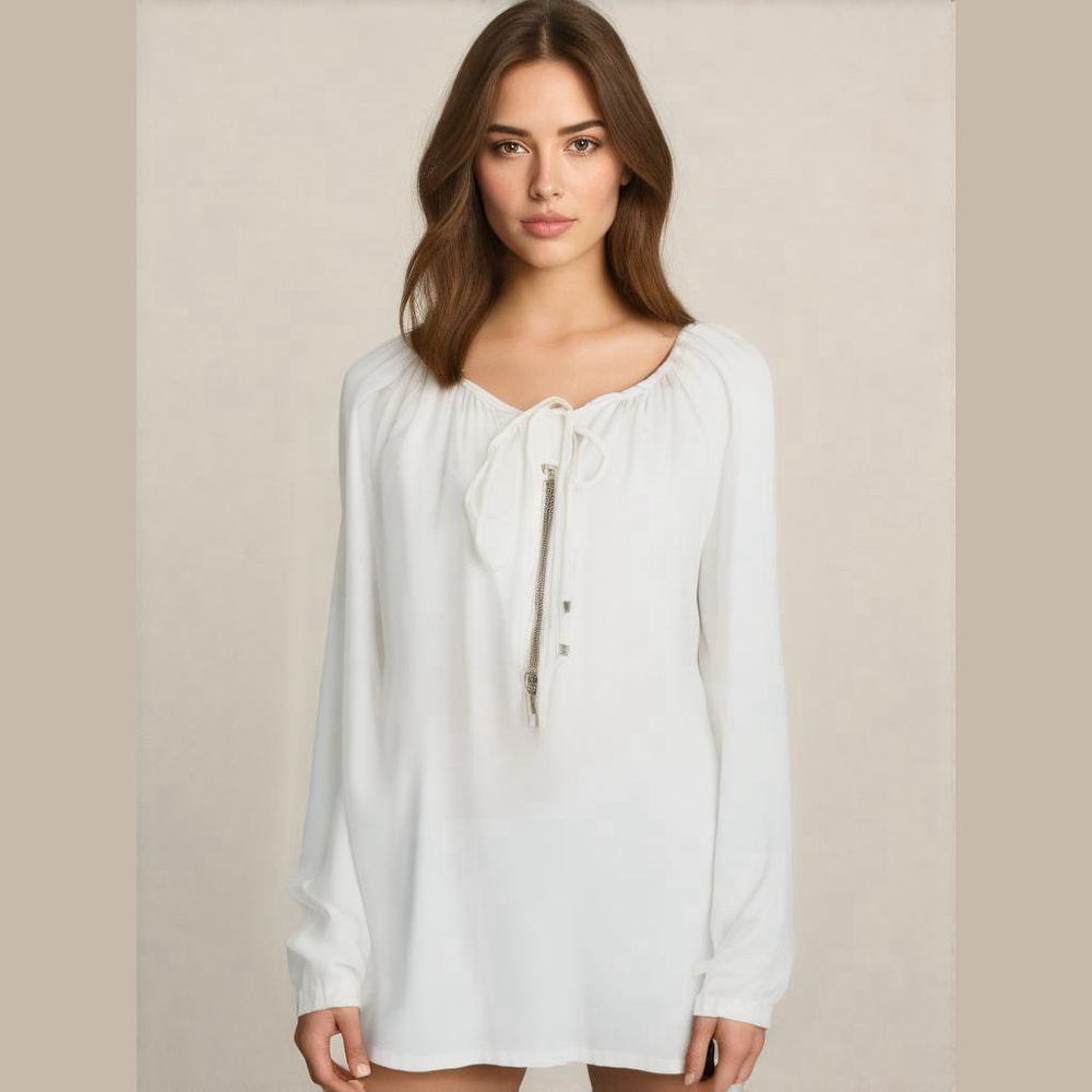 Michael Kors White Long-Sleeve Blouse with Zipper and Tie Neck Detail Size 14